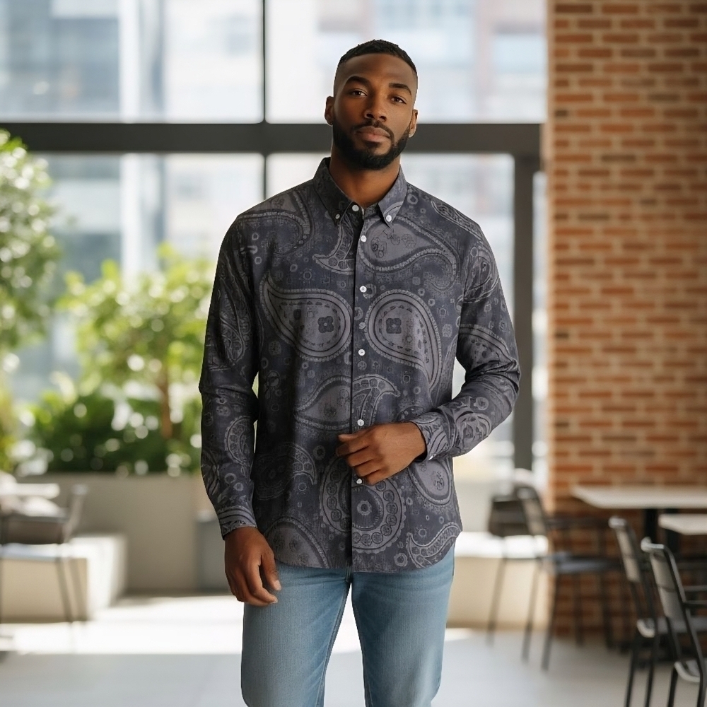 BoohooMAN Shirt Men’s 2XL Black Brown Paisley Long Sleeve Button Up Collared Top